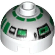 Brick Round 2 x 2 Dome Top, Blocked Open Stud, Bottom Axle Holder with Silver and Green Astromech Droid Print (R2-R7)