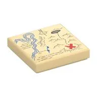 Tile 2 x 2 with Map River, Dark Tan Mountains, Handwriting and Red X Print