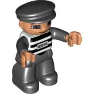 Duplo Figure with Cap Black, with Black Legs, Black and White Striped Top with '62019', Black Arms (Prisoner)