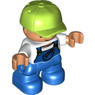 Duplo Figure Child with Cap Lime, with White Shirt under Blue Coveralls with worms in Pocket - Blue Legs
