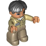 Duplo Figure Side Parted Hair Black, with Dark Tan Legs, Tan Top, Brown Eyes (Zoo Keeper)