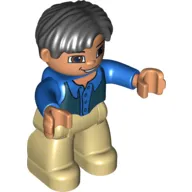 Duplo Figure Side Parted Hair Black, with Tan Legs, Blue Top, Black Vest