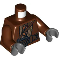 Torso Jacket with Strap, Large Silver Buckle and Orange Toggle Buttons Print, Reddish Brown Arms, Dark Bluish Gray Hands