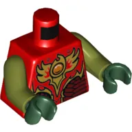 Torso Vest with Dark Red and Gold Armor with Scales and Fire Chi Emblem Print, Olive Green Arms, Dark Green Hands