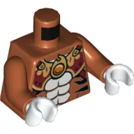 Torso Bare Chest with Tiger Stripes, Dark Red and Gold Armor with Straps and Fire Chi Emblem Print, Dark Orange Arms, White Hands