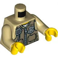 Torso Shirt with Dark Tan Vest with Pockets, Silver Radio and Police Badge / Zipper and 'POLICE' on Back Print, Tan Arms, Yellow Hands