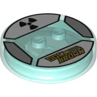 Function Brick Round 4 x 4 x 2/3 with 2 Studs and Gold 'DOC BROWN' and Black Radioactive Symbol print