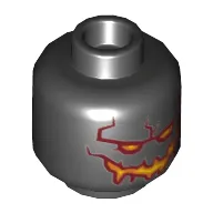 Minifig Head Moltor, Yellow Eyes, Dark Red, Orange and Yellow Wide Grin and Cracks on Back Print [Hollow Stud]