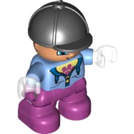 Duplo Figure Child with Riding Helmet Black, with Medium Blue Jacket over Shirt with Flower Print - Dark Pink Legs