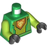 Torso Armor with Lime Circuitry and Panel with Bright Light Yellow Fox Head on Orange Pentagonal Shield Print, Lime Arms, Black Hands