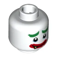Minifig Head Joker, Green Eyebrows, Medium Blue Eye Shadow, Thick Red Lips, Smile with Sharp Tooth / Very Sad Frown Print