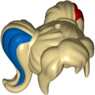 Hair Front Bangs Short on Top of Longer Sides and 2 Back Ponytails with Blue Streak on Right and Red Streak on Left