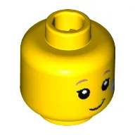 Minifig Head Butterfly Girl, Dark Tan Eyebrows, Eyelashes, Lopsided Grin, Bright Light Blue Flower on Cheek Print