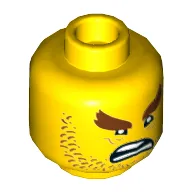 Minifig Head Shark Army, Reddish Brown Stubble and Bushy Eyebrows, Wrinkles, Open Mouth Scowl Print [Hollow Stud]