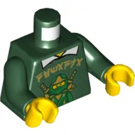 Torso Sweater, Green Ninja and Gold Asian Characters and White Shirt Collar Print, Dark Green Arms, Yellow Hands