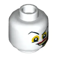 Minifig Head Joker, Raised Eyebrow, Yellow Eyes and Wide Crooked Grin with Red Lips and Yellowish Green Teeth Print [Hollow Stud]