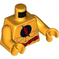 Torso Muscles, Red Flash Logo in Black Circle, Red Belt Print (Reverse Flash), Bright Light Orange Arms and Hands
