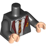 Torso Open Robe over White Shirt, Dark Red and Bright Light Orange Tie and Details, and Gryffindor Crest Print, Black Arms, Light Nougat Hands