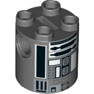 Brick Round 2 x 2 x 2 Robot Body, Axle Holder '+' Orientation with Black And White Astromech Droid Print (R2-Q2)