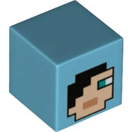 Minifig Head Special, Cube with Pixelated Face with Black Hair, Blue Eyes Print