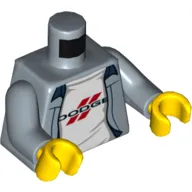 Torso Jacket, Open over White Shirt with Dodge Logo Print, Sand Blue Arms, Yellow Hands