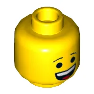 Minifig Head Emmet, Open Mouth Grin / Confused with Left Eyebrow Raised