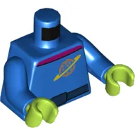 Torso Space Suit, Dark Blue Belt, Magenta Collar, Planet with Ring Logo Print, Blue Arms, Lime Hands