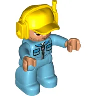 Duplo Figure with Headset and Cap Yellow, with Medium Azure Legs and Arms, Jacket with Pockets and Zipper Print