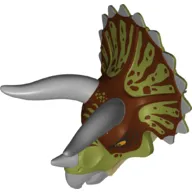 Animal Body Part, Dinosaur, Triceratops Head with Reddish Brown and Olive Green Brindle, Light Bluish Gray Horns