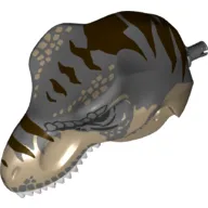 Animal Body Part, Dinosaur, Tyrannosaurus Rex Head with Pin, Light Bluish Grey Teeth, Dark Bluish Gray Top and Dark Brown Stripes Print