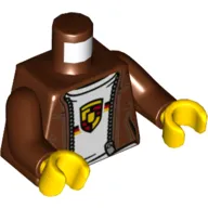 Torso Jacket, Zipper, White Shirt, Porsche Symbol/Logo Print, Reddish Brown Arms, Yellow Hands