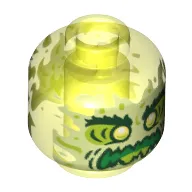 Minifig Head Ghost Dwayne, Yellowish Green Face, Bushy Eyebrows, Angry, Flames in Back