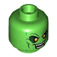 Minifig Head Green Goblin, Yellow Eyes with Dark Green Shadow, Evil Grin Showing Fanged Teeth Print