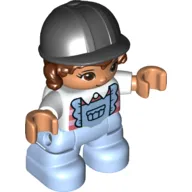 Duplo Figure Child with Hair and Riding Helmet Black, Bright Light Blue Legs, Frilly Shirt Print