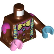Torso, Odd Hands, Shirt with Buttons and Dark Pink Frosting, Suspenders, Bright Light Yellow Bow Tie Print, Reddish Brown Arms with Dark Pink Frosting Print, Left Medium Azure Hand, Right Bright Pink Hand