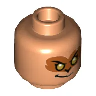Minifig Head Evil Macaque, Dark Orange Around Gold Eyes with Smirk / Dark Red Around Eyes with White Right Eye and Grin Showing Teeth Print