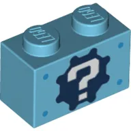 Brick 1 x 2 with '?' on Gear Background and Blue Spots Print