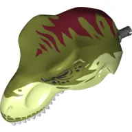 Animal Body Part, Dinosaur, Tyrannosaurus Rex Head with Pin, White Teeth, Olive Green Top and Dark Red Stripes Print