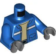 Torso Jacket with Pockets and White Stripe, Open over Tan Undershirt Print, Blue Arms, Dark Bluish Gray Hands