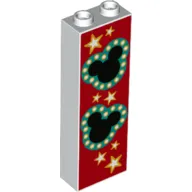 Brick 1 x 2 x 5 with Hollow Studs with Black Hidden Mickeys, Dark Turquoise Border, Stars and Red Background Print