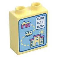 Duplo Brick 1 x 2 x 2 with Bottom Tube, House, Bus, School, and '8:00, 8:15, 8:30' Print