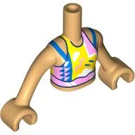 Minidoll Torso Girl with Bright Light Orange/White/Bright Pink/Blue Shirt, Dark Blue Trim print, Warm Tan Arms and Hands