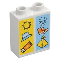 Duplo Brick 1 x 2 x 2 with Bottom Tube, Sun, Hat, and Sunscreen on Yellow Background, and Rain Cloud, Rain Boots, Raincoat on Blue Background Print