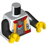 Torso, Jacket, Orange Trim, Red Collar, Zipper, Dark Bluish Grey Shirt, Medium Azure/Red Symbol print, Black Arms, Yellow Hands