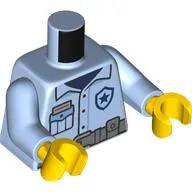 Torso, Police Uniform, Dark Blue Star Symbol, Pockets, Dark Bluish Grey Belt print, Bright Light Blue Arms, Yellow Hands
