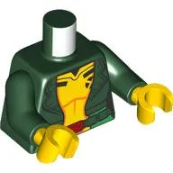 Torso Jacket, Open over Yellow Jumpsuit, Red Belt Buckle Print, Dark Green Arms, Yellow Hands