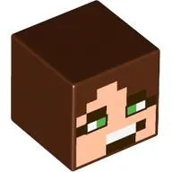 Minifig Head Special, Cube with Pixelated Light Nougat and Dark Brown Face, Bright Green Eyes Print