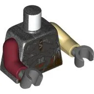 Torso, Odd Arms, Silver Plate Armor, Reddish Brown Straps, Dark Tan Laces, Reddish Brown Belt print, Left Tan Arm, Right Dark Red Arm, Dark Bluish Grey Hands