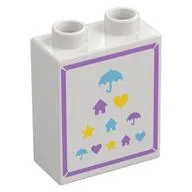 Duplo Brick 1 x 2 x 2 with Medium Lavender Border, Medium Azure/Lavender/Yellow Umbrellas, Houses, Hearts, Stars print