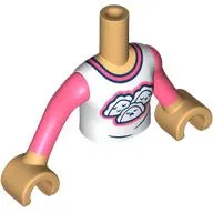Minidoll Torso Girl with Warm Tan Arms and Hands with White Shirt, Coral Sleeves, Collar, Tacos print